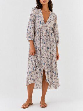 Zara Puff Sleeve Tiered Swing Maxi Dress Cream Paisley Size XXL